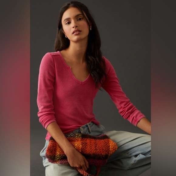 Anthropologie Tops - Anthropologie Pilcro Notched Waffle Thermal Long Sleeve Top Spring Vacation